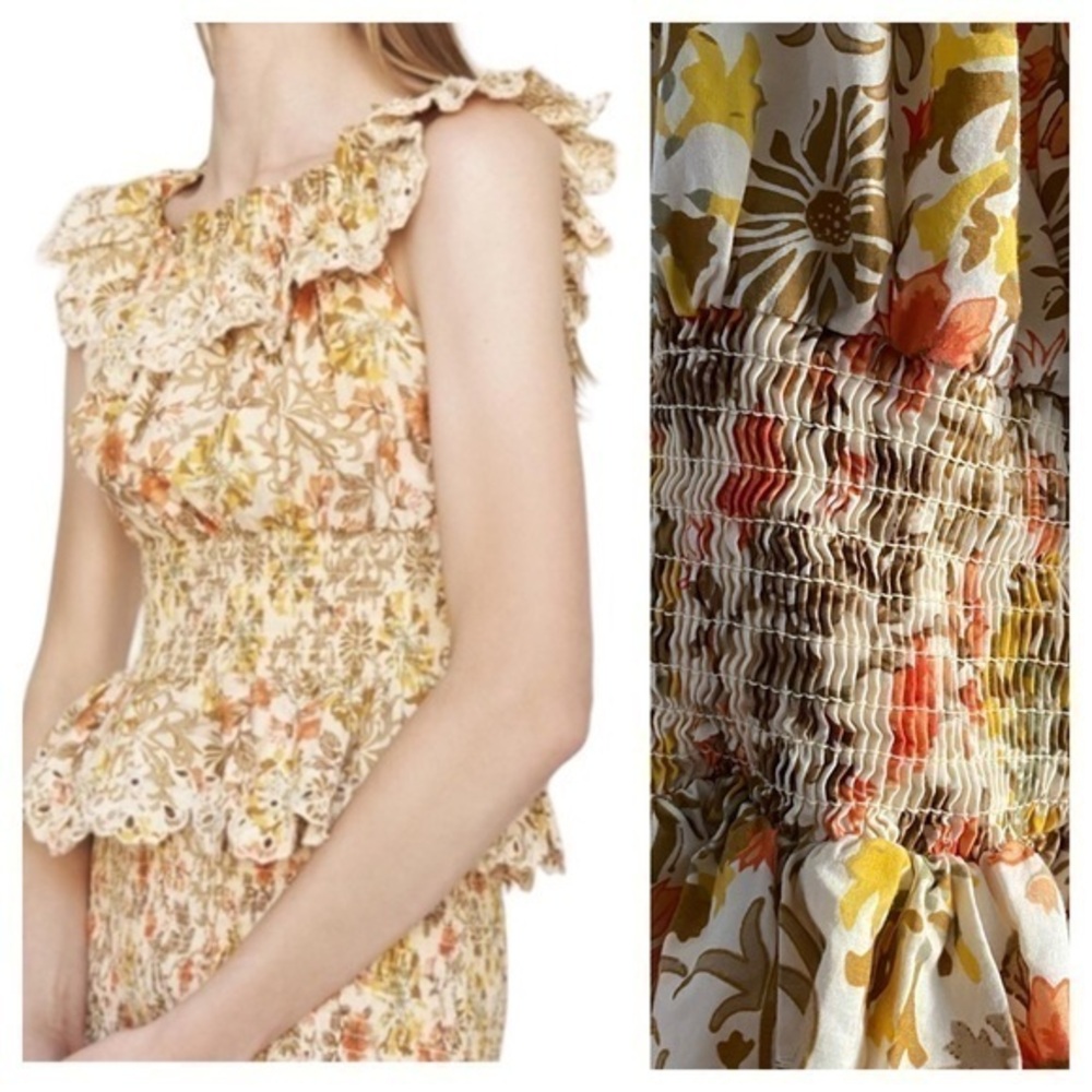Zara Yellow Retro Floral Print Smocked Top Small